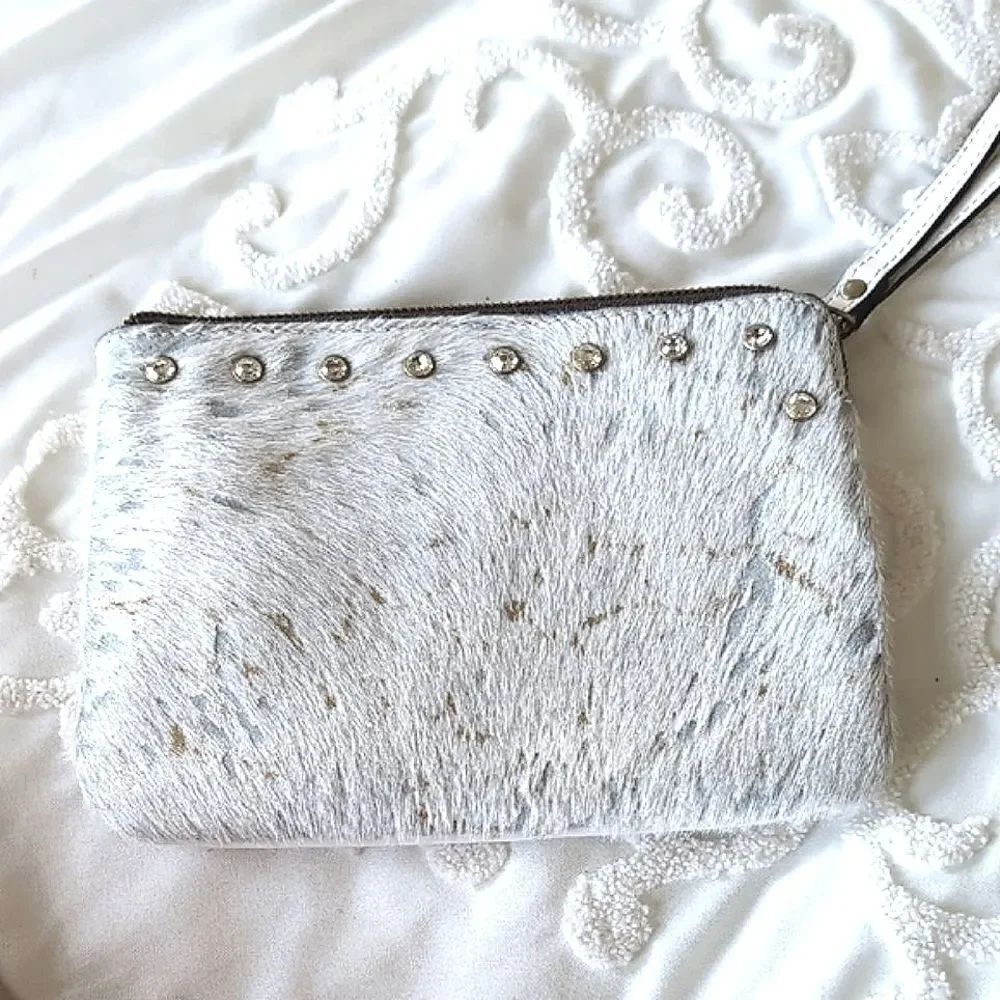 Patricia Nash Cassini White/Aqua Metallic Cow Hair Medium Clutch With Crystals - Picture 16 of 16